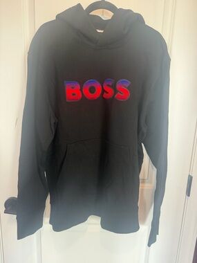 NWT BOSS Black Hoodie with Red-Blue Logo